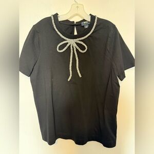 Anthropologie Black Top with Silver Beaded Bow